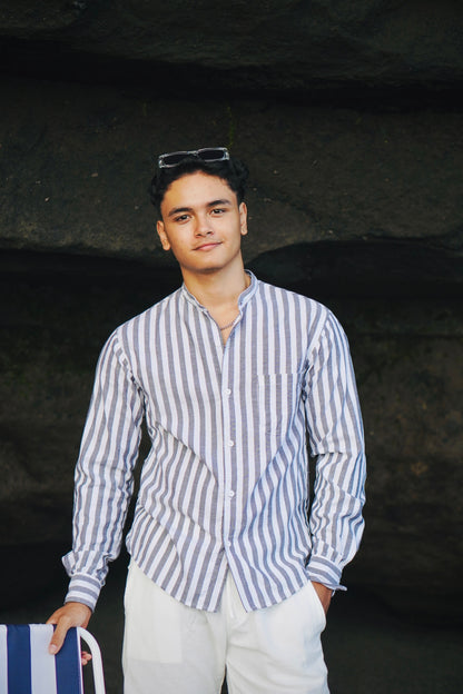 Fuji Cotton Stripes Mandarin Long Sleeve Shirt