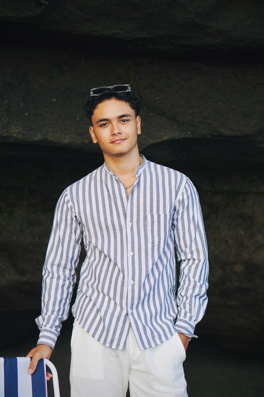 Fuji Cotton Stripes Mandarin Long Sleeve Shirt