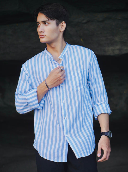 Kemeja Lengan Panjang Motif Garis Katun Fuji Mandarin - Biru Pastel