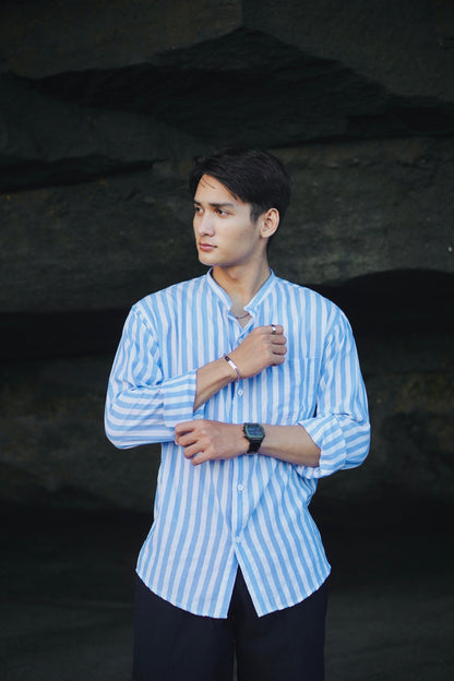 Fuji Cotton Stripes Mandarin Long Sleeve Shirt