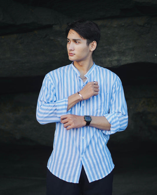 Kemeja Lengan Panjang Motif Garis Katun Fuji Mandarin - Biru Pastel