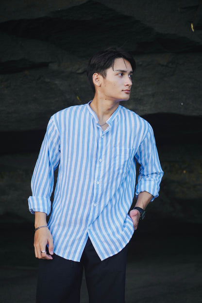 Fuji Cotton Stripes Mandarin Long Sleeve Shirt