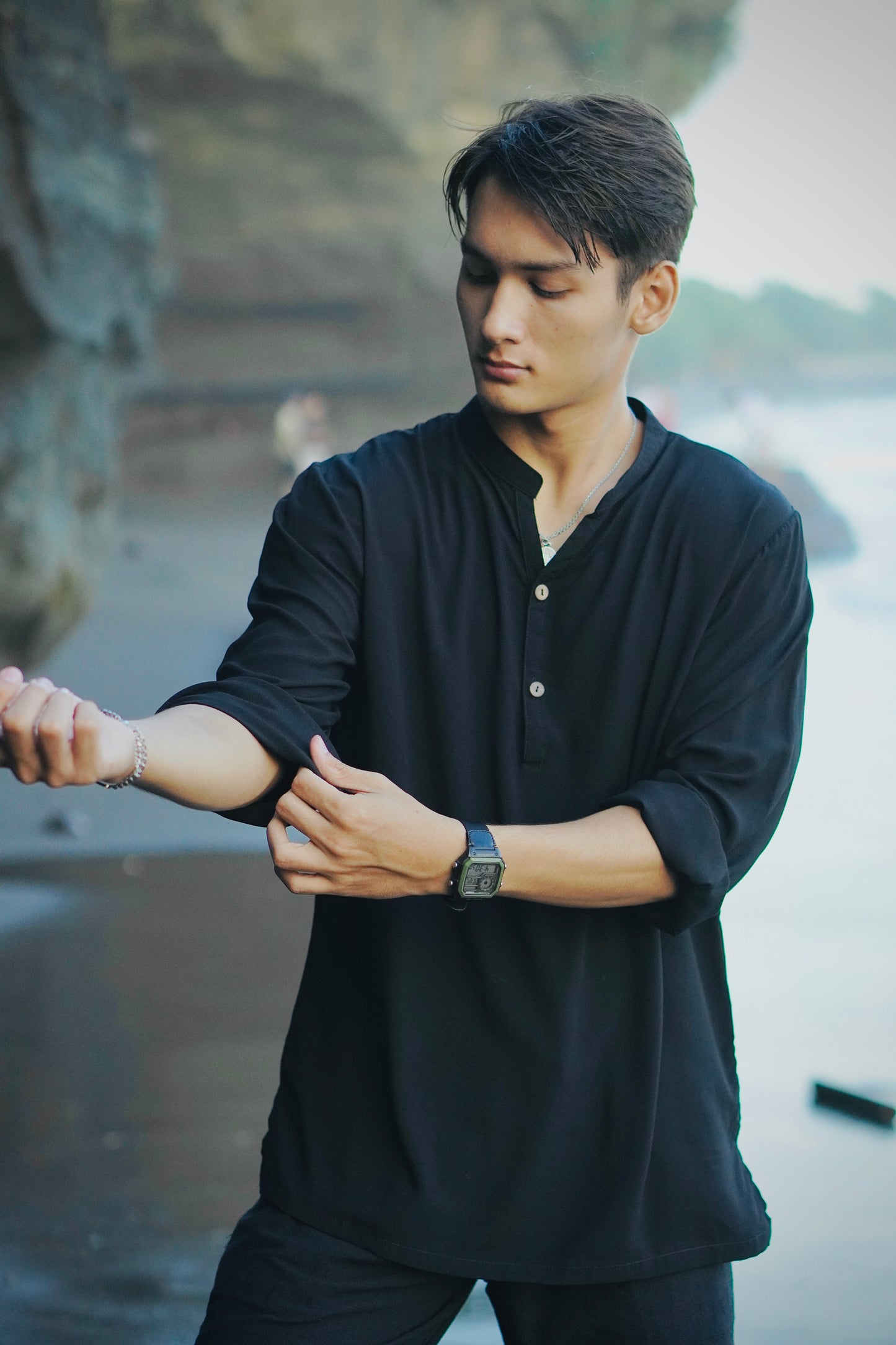 Seminyak Rayon Long Sleeve Shirt - White & Black