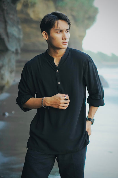 Seminyak Rayon Long Sleeve Shirt - White & Black