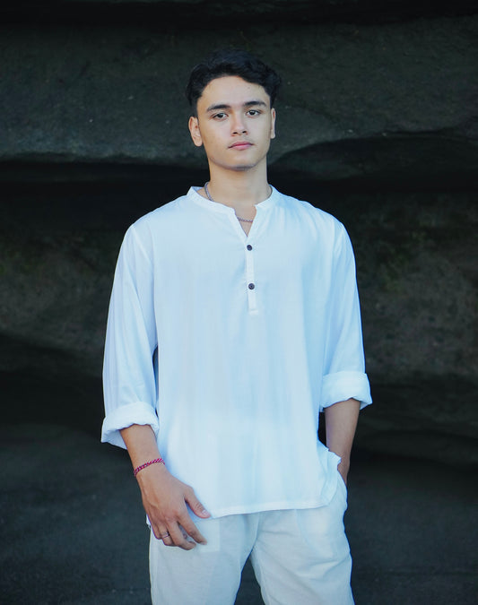 Seminyak Rayon Long Sleeve Shirt - White & Black