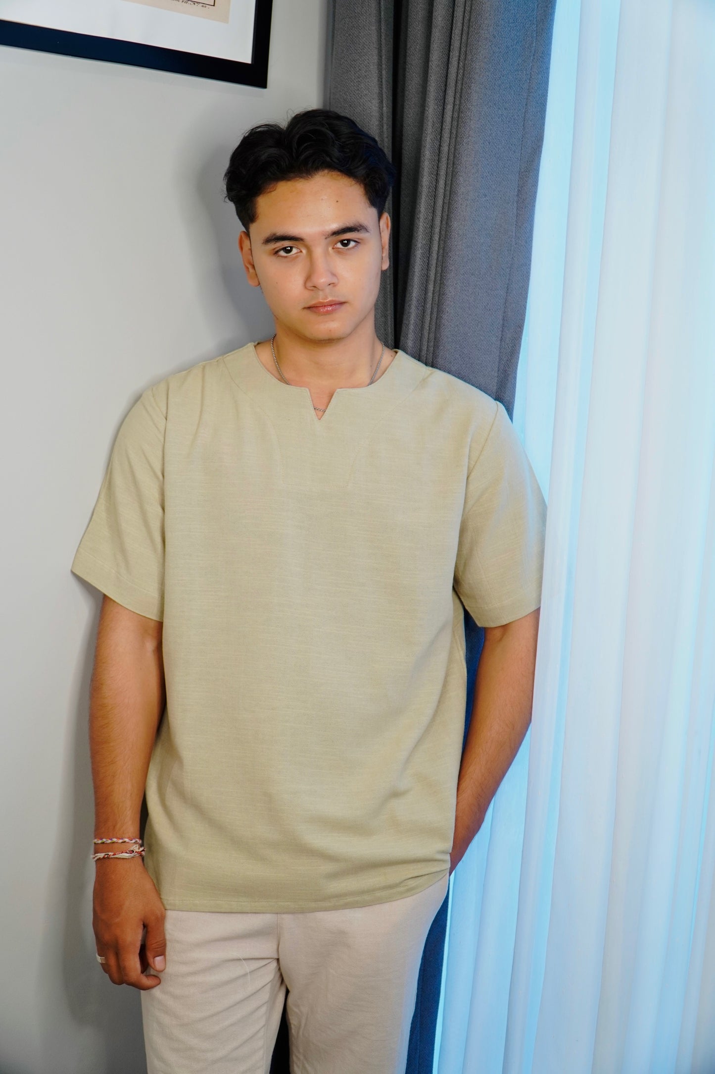 Kemeja Lengan Panjang Luca Linen Crinkle - Putih Pucat