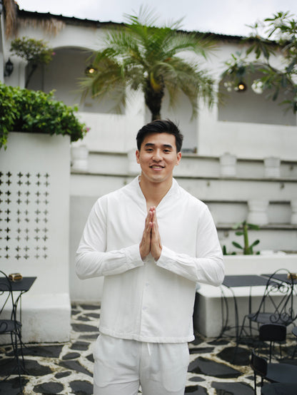 Kemeja Polo Tali Linen Lengan Panjang - Putih Rusak