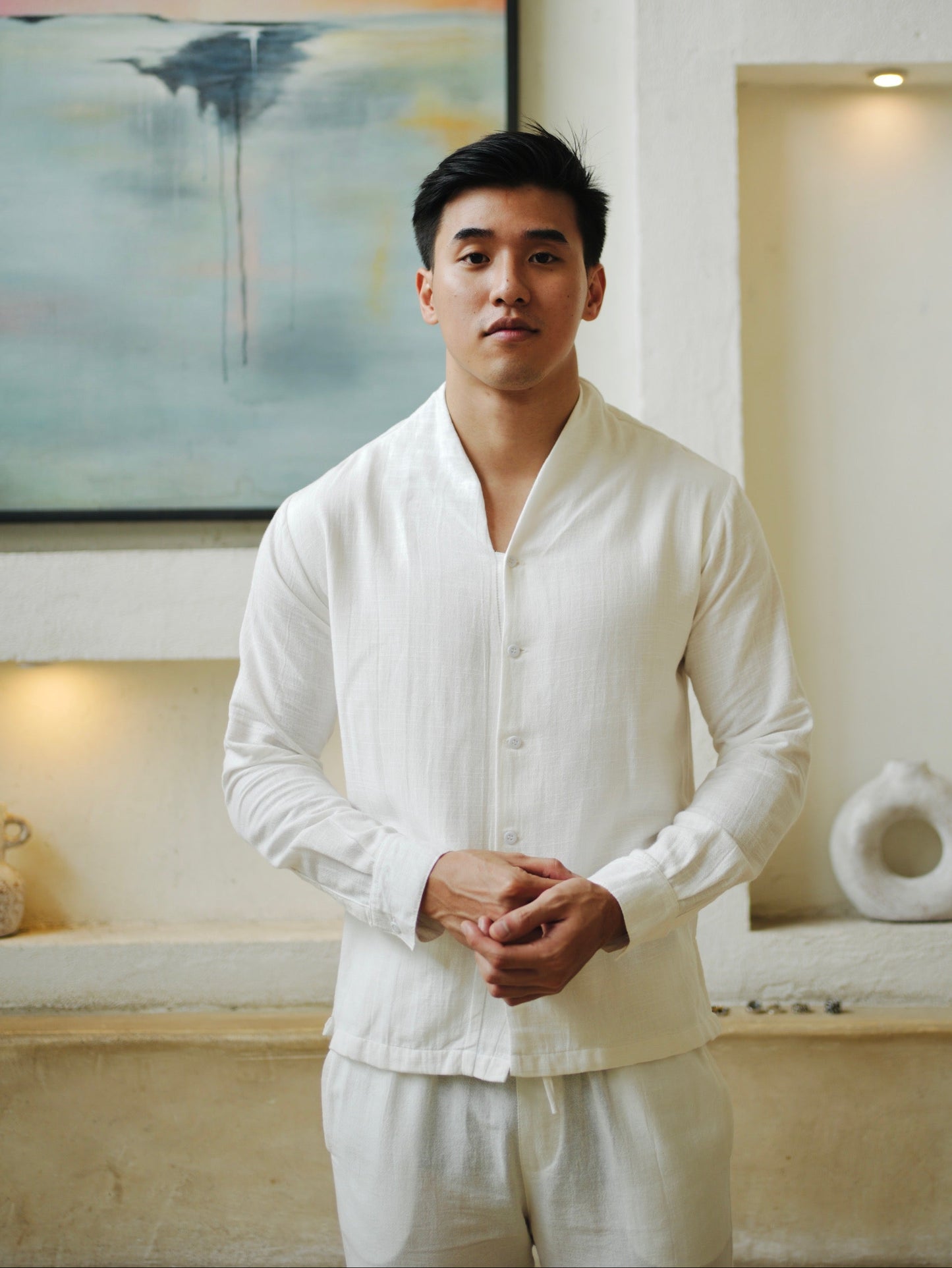 Kemeja Polo Tali Linen Lengan Panjang - Putih Rusak