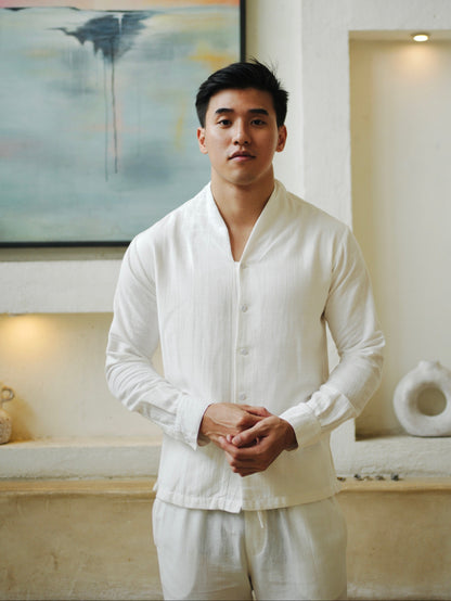 Kemeja Polo Tali Linen Lengan Panjang - Putih Rusak