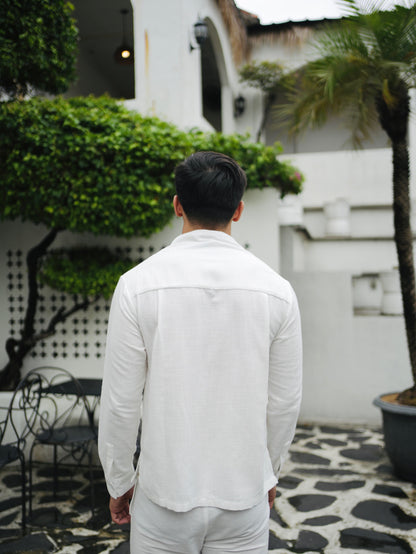 Kemeja Polo Tali Linen Lengan Panjang - Putih Rusak