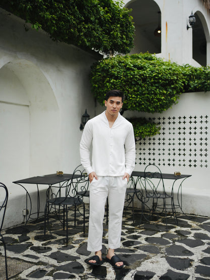 Kemeja Polo Tali Linen Lengan Panjang - Putih Rusak