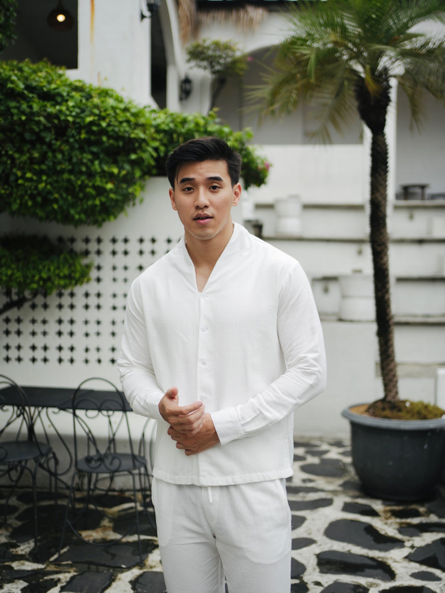 Kemeja Polo Tali Linen Lengan Panjang - Putih Rusak