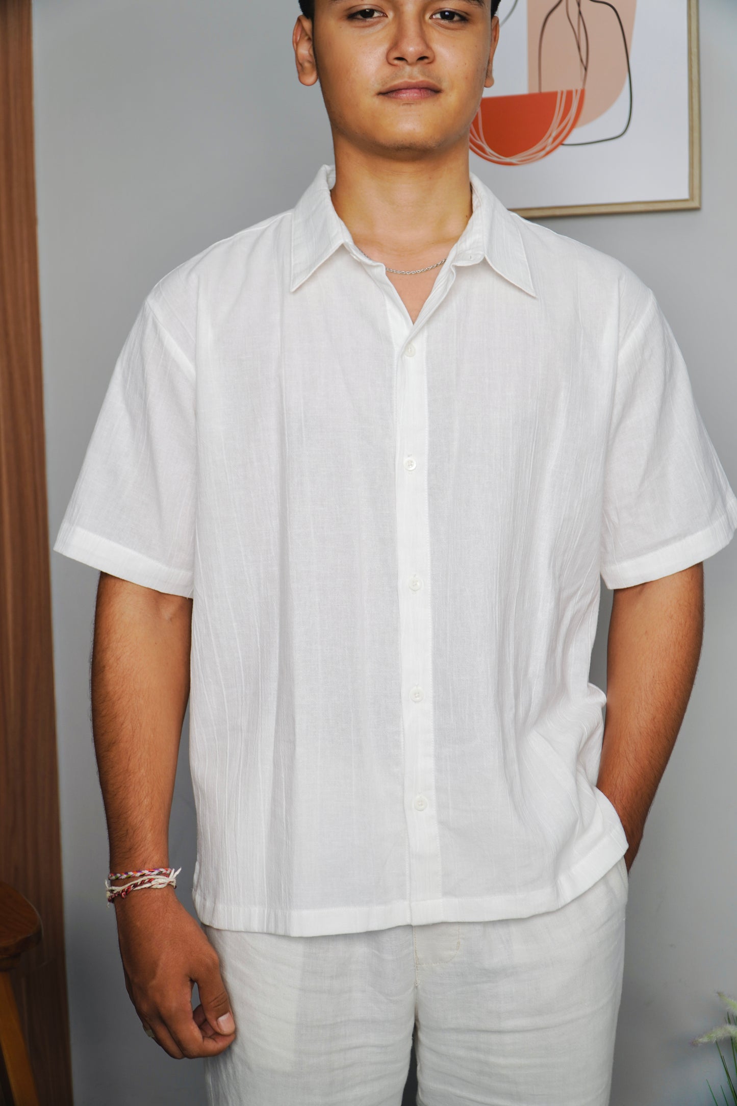 Kemeja Lengan Panjang Luca Linen Crinkle - Putih Pucat