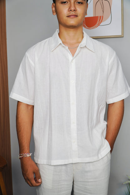 Kemeja Lengan Panjang Luca Linen Crinkle - Putih Pucat