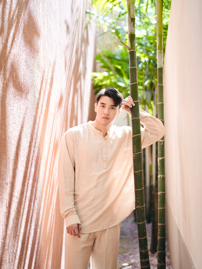 Polo Linen Mandarin Long Sleeve Shirt - Off White, Black, Cream, Grey, Bronze