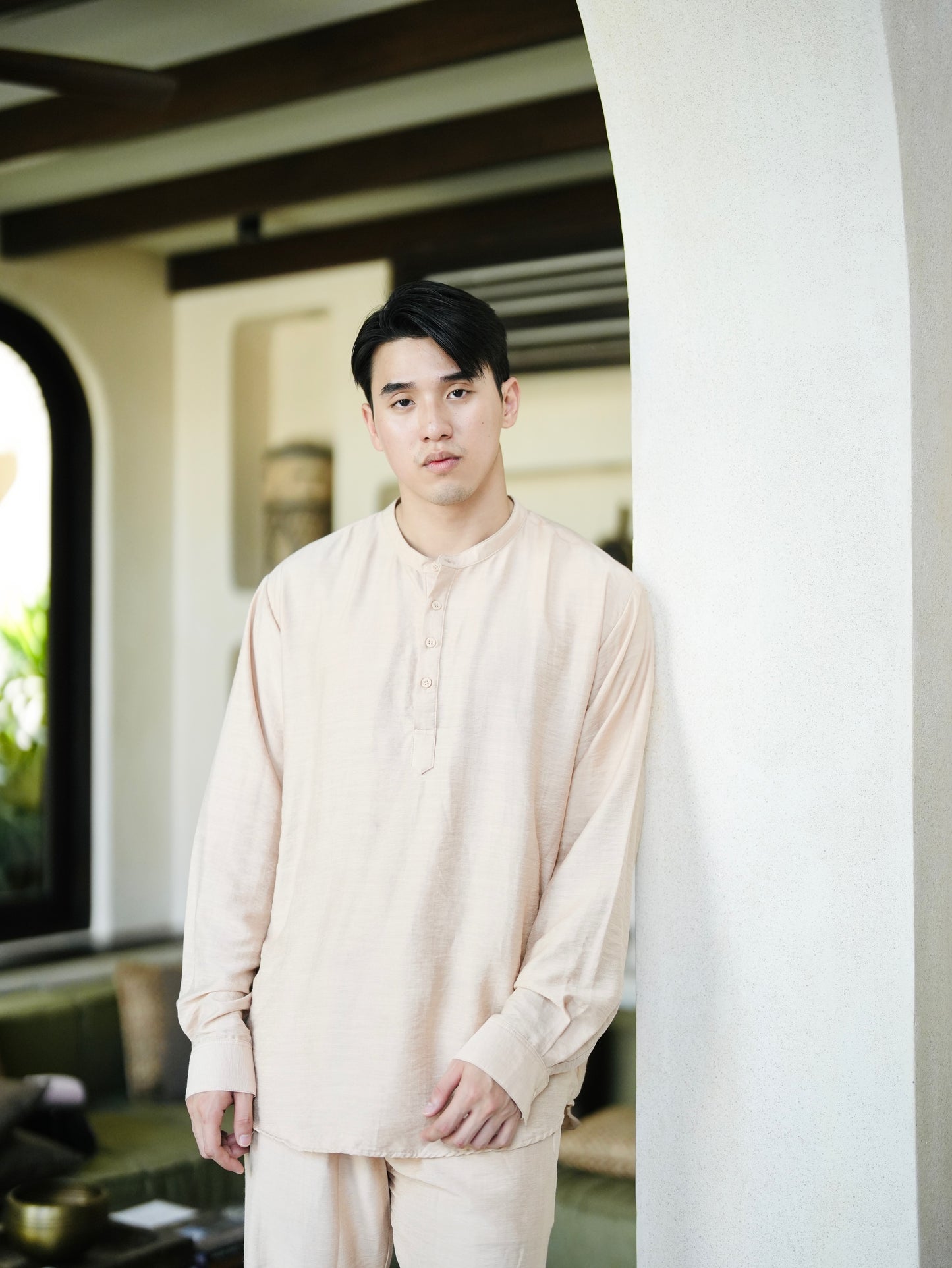 Polo Linen Mandarin Long Sleeve Shirt - Off White, Black, Cream, Grey, Bronze