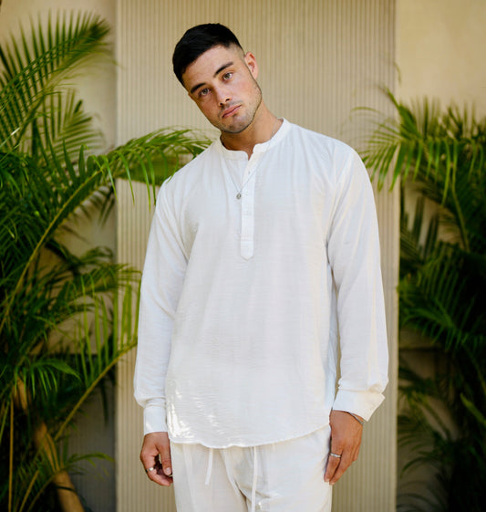 Polo Linen Mandarin Long Sleeve Shirt - Off White, Black, Cream, Grey, Bronze