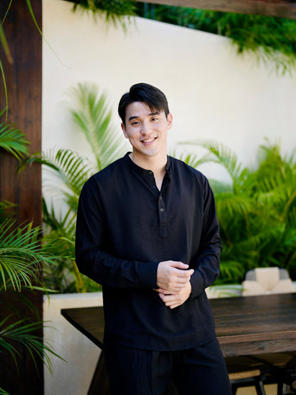 Polo Linen Mandarin Long Sleeve Shirt - Off White, Black, Cream, Grey, Bronze