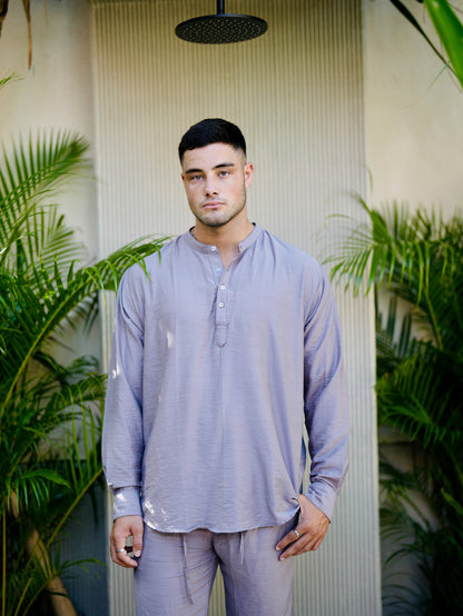 Polo Linen Mandarin Long Sleeve Shirt - Off White, Black, Cream, Grey, Bronze