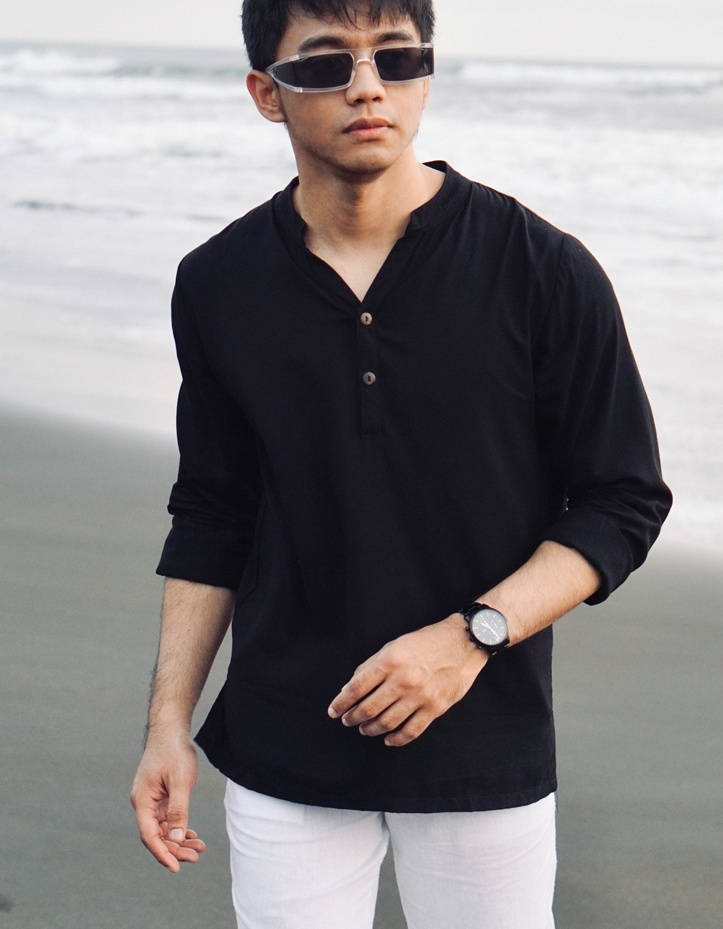 Seminyak Rayon Long Sleeve Shirt - White & Black