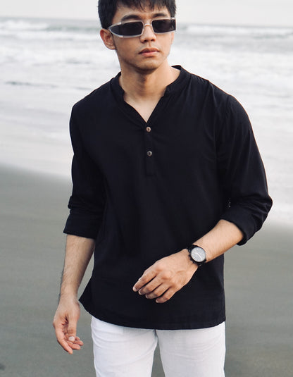 Seminyak Rayon Long Sleeve Shirt - White & Black