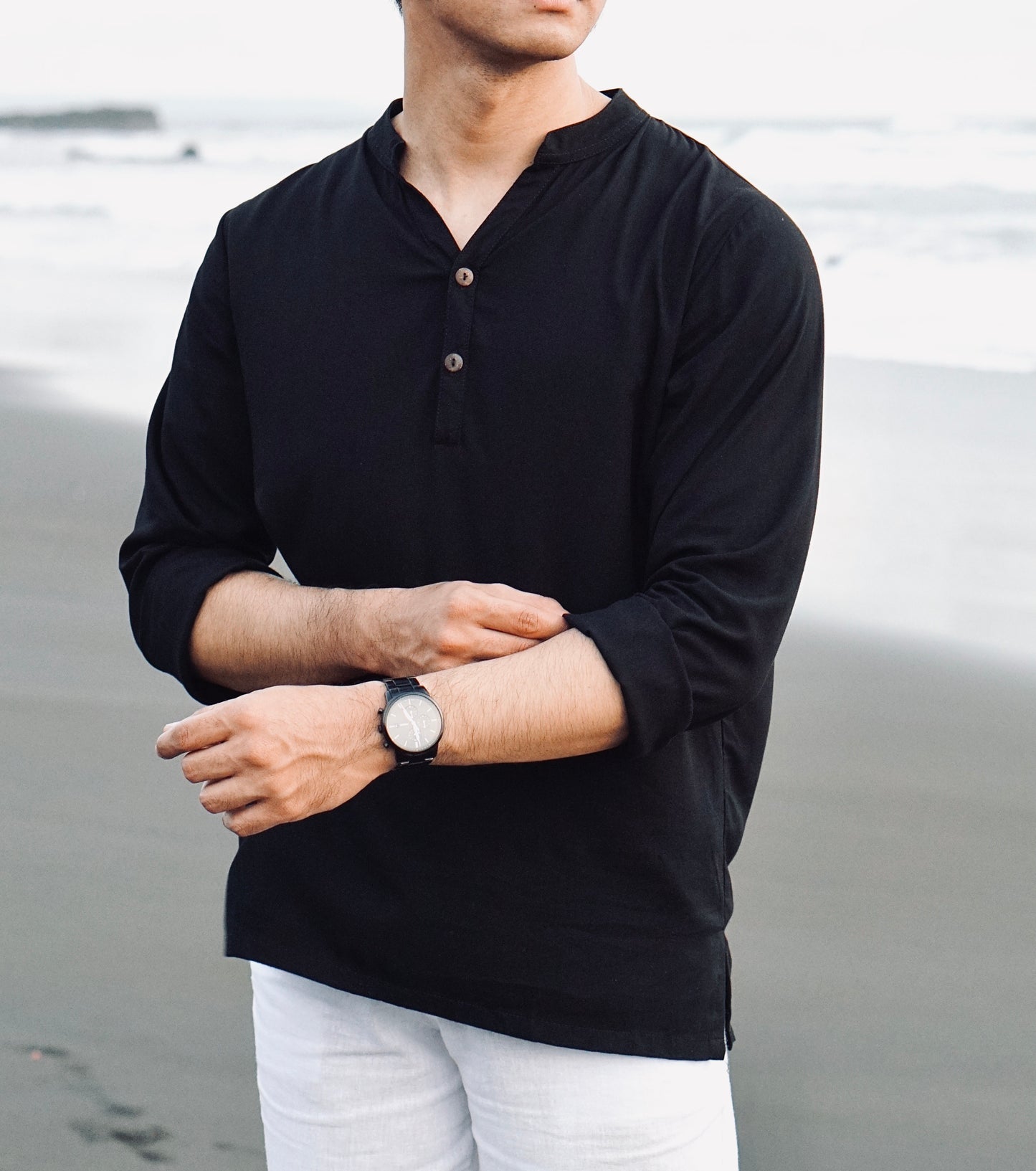 Seminyak Rayon Long Sleeve Shirt - White & Black