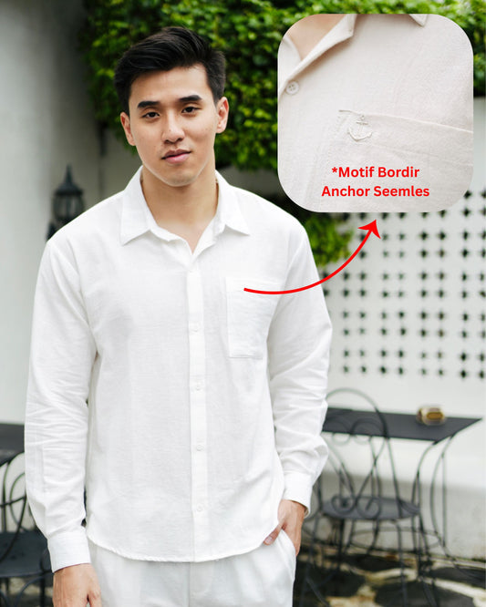 Linen Anchor Embro Long Sleeve Shirt - Off White, Black, Cream, Brown, Light Blue, Dusty Pink