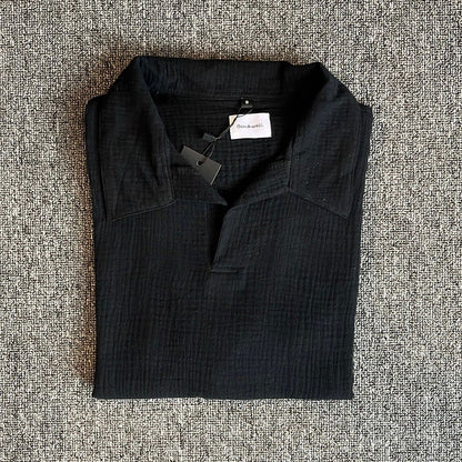 Kemeja Polo Linen Mandarin Lengan Panjang - Krem