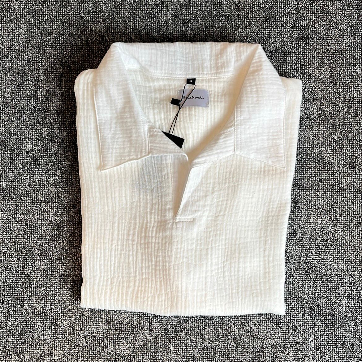 Kemeja Polo Linen Mandarin Lengan Panjang - Krem