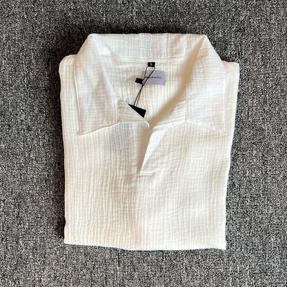 Kemeja Polo Linen Mandarin Lengan Panjang - Krem