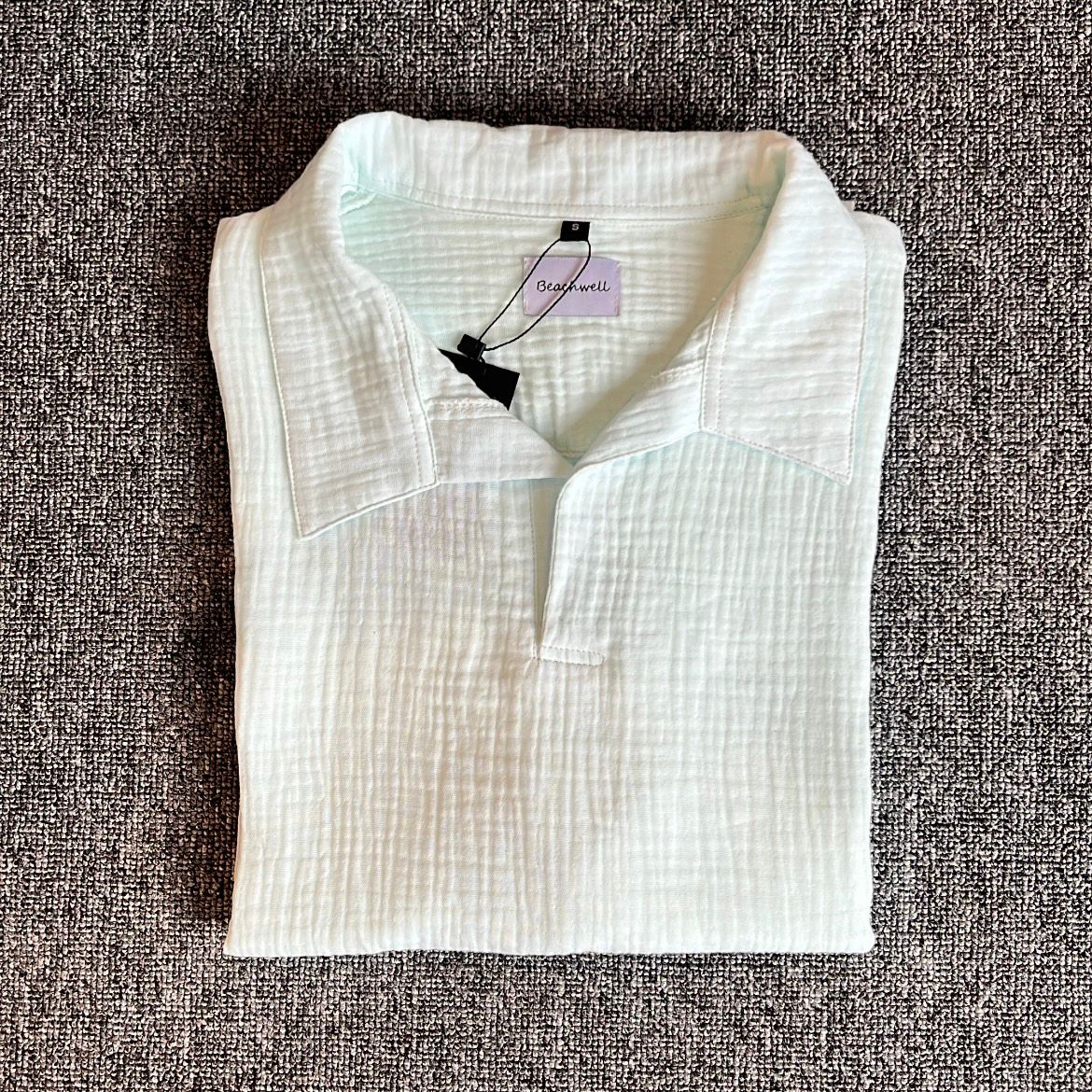 Kemeja Polo Linen Mandarin Lengan Panjang - Krem