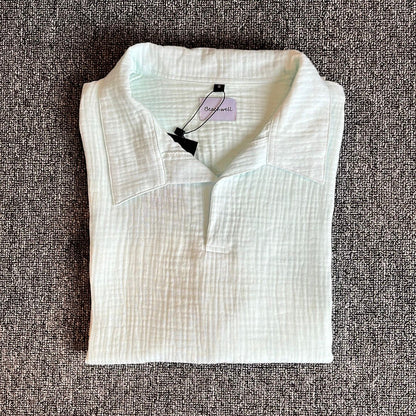 Kemeja Polo Linen Mandarin Lengan Panjang - Krem