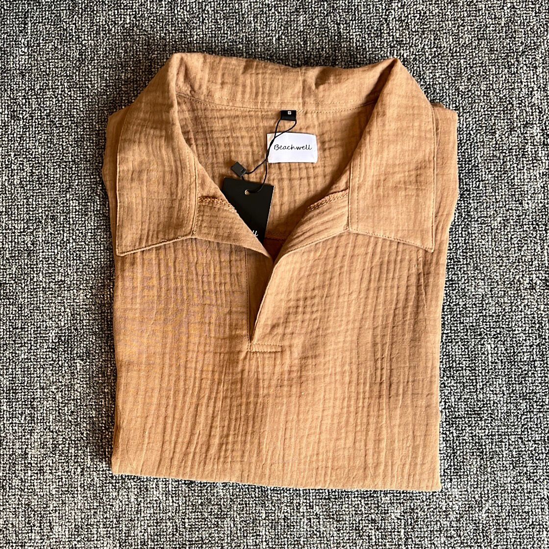 Kemeja Polo Linen Mandarin Lengan Panjang - Krem