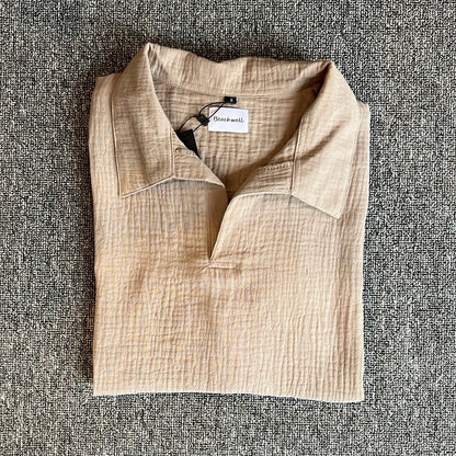 Kemeja Polo Linen Mandarin Lengan Panjang - Krem