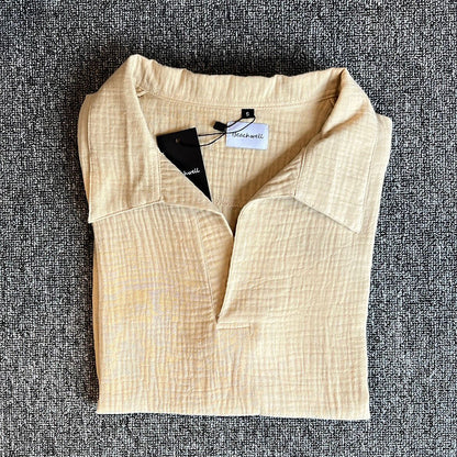 Kemeja Polo Linen Mandarin Lengan Panjang - Krem