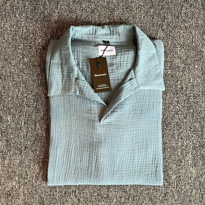 Kemeja Polo Linen Mandarin Lengan Panjang - Krem