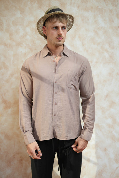 Joda Polo Linen Long Sleeve Shirt - Broken White, Black, Cream, Brown Bronze, Grey
