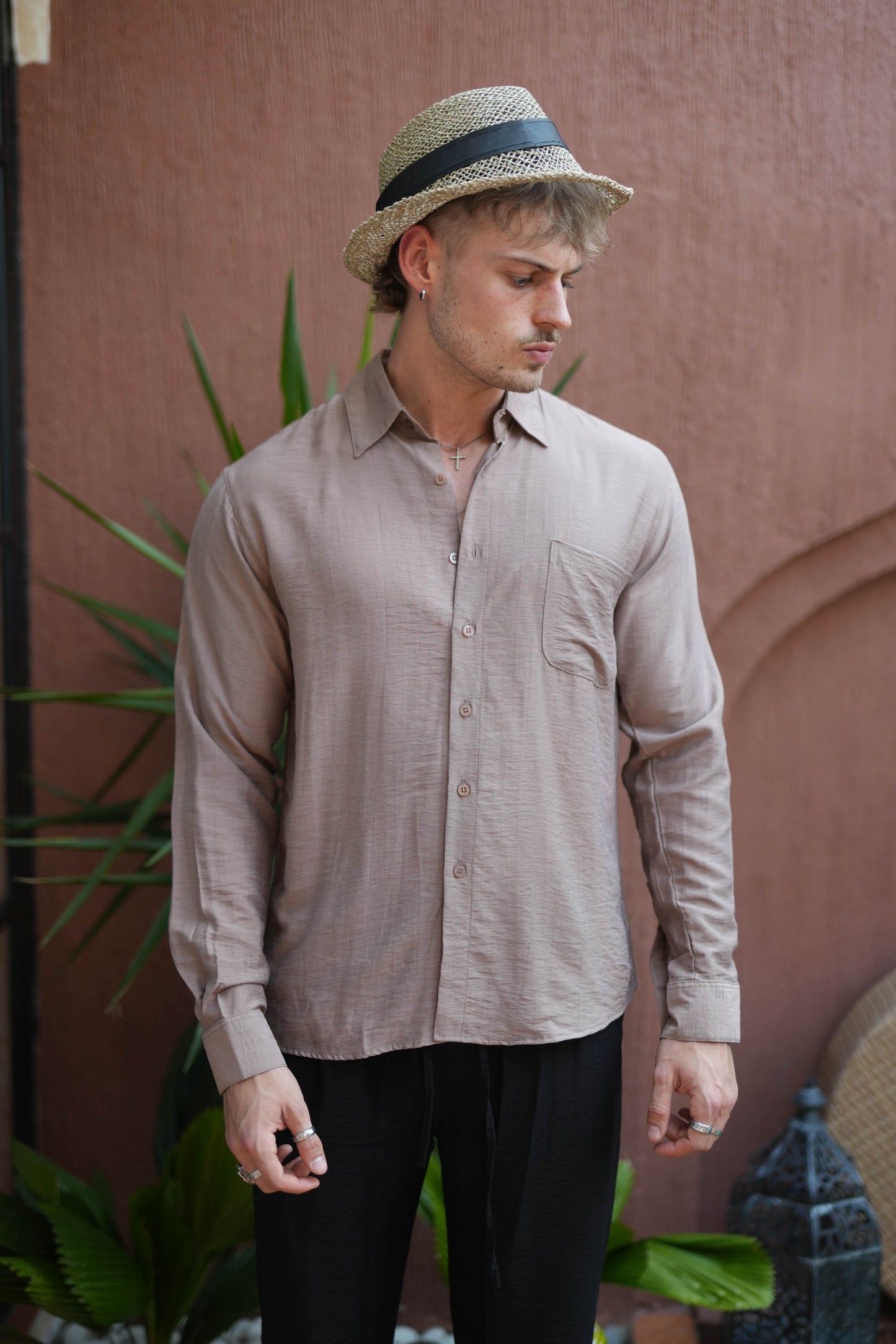 Joda Polo Linen Long Sleeve Shirt - Broken White, Black, Cream, Brown Bronze, Grey