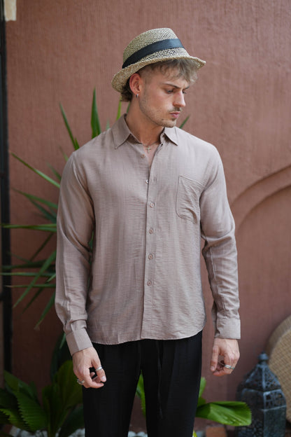 Joda Polo Linen Long Sleeve Shirt - Broken White, Black, Cream, Brown Bronze, Grey