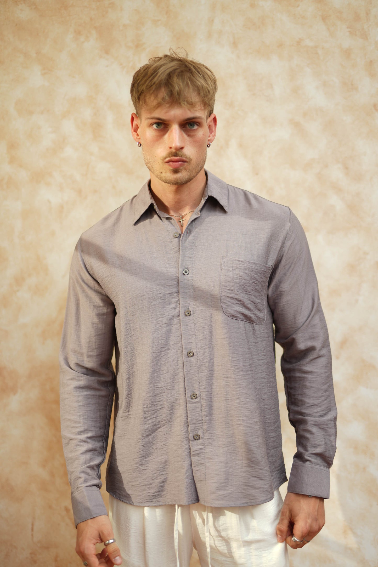 Joda Polo Linen Long Sleeve Shirt - Broken White, Black, Cream, Brown Bronze, Grey