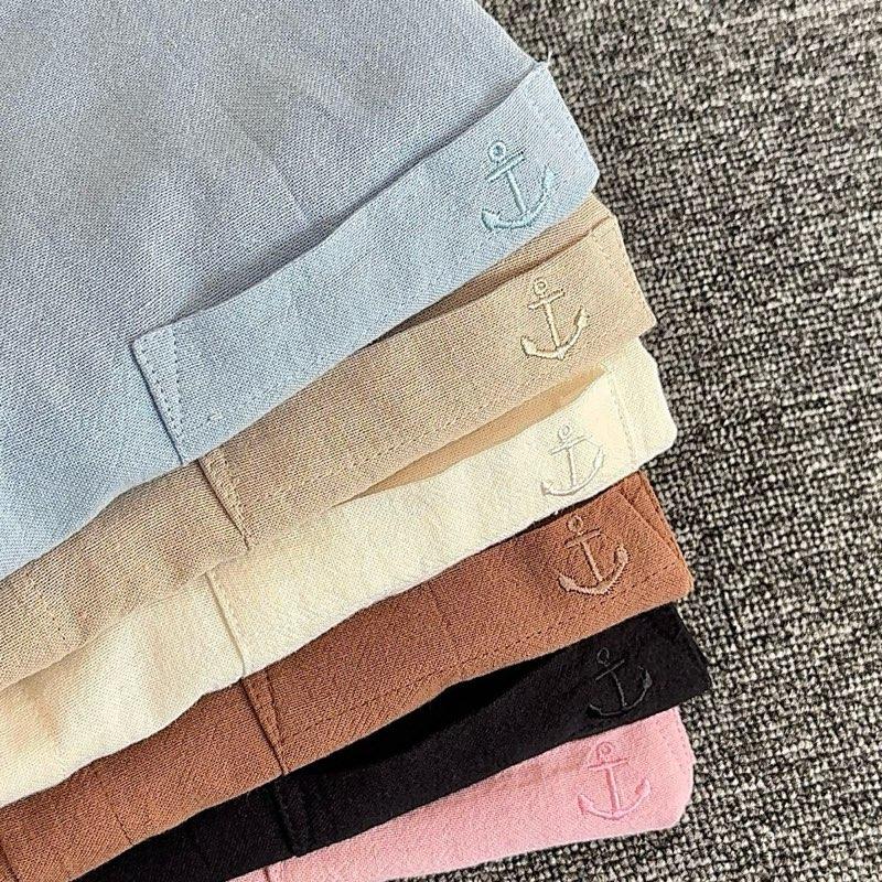 Linen Anchor Embro Long Sleeve Shirt - Off White, Black, Cream, Brown, Light Blue, Dusty Pink