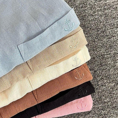 Linen Anchor Embro Long Sleeve Shirt - Off White, Black, Cream, Brown, Light Blue, Dusty Pink