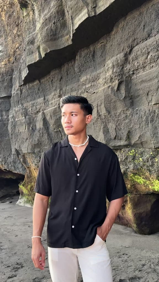 BEACHWELL Kemeja Pria Rayon Twill Polos COD - Kemeja Bowling Lengan Pendek Warna Putih, Cream, Hitam