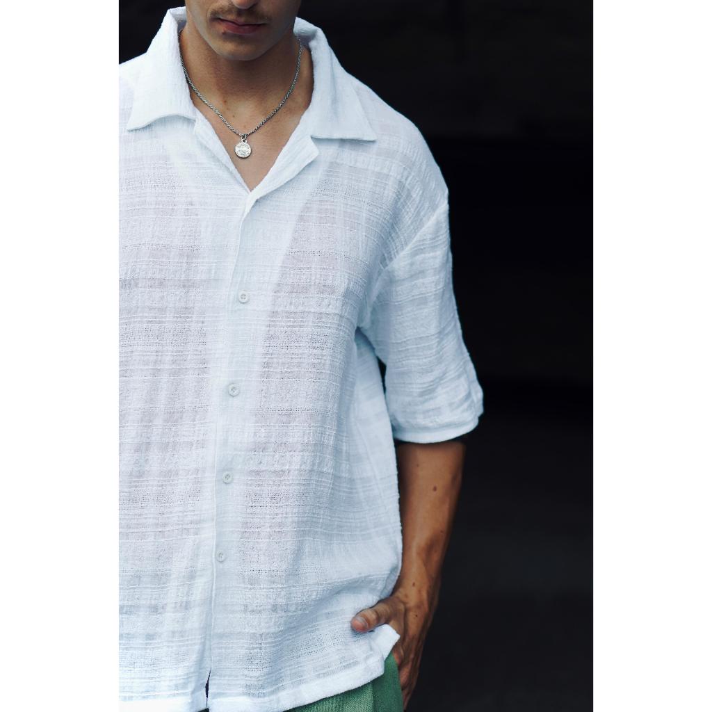 BEACHWELL Kemeja Pria Putih Katun Salur oversized Lengan Pendek - Aomo shirt