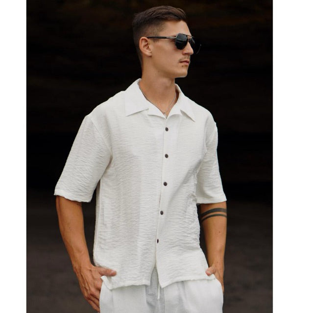 BEACHWELL Kemeja Pria Putih Linen polo Oversized COD Kemeja Pantai Lengan Pendek - Azura shirt