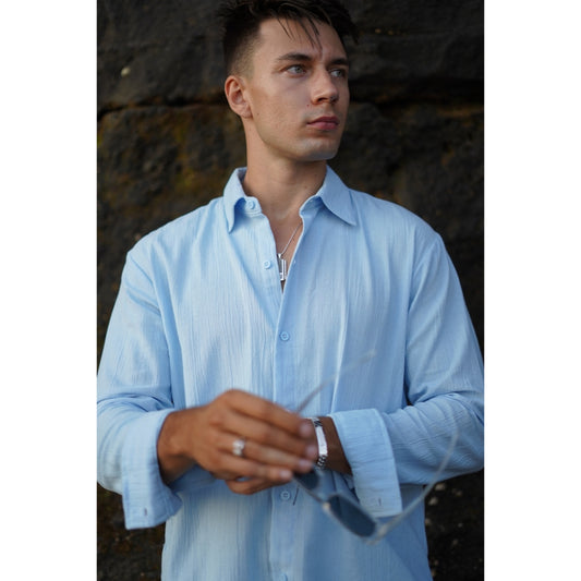 BEACHWELL Kemeja Pria Lengan Panjang Linen Krinkel Biru Muda - Kemeja Luca Series Baby Blue
