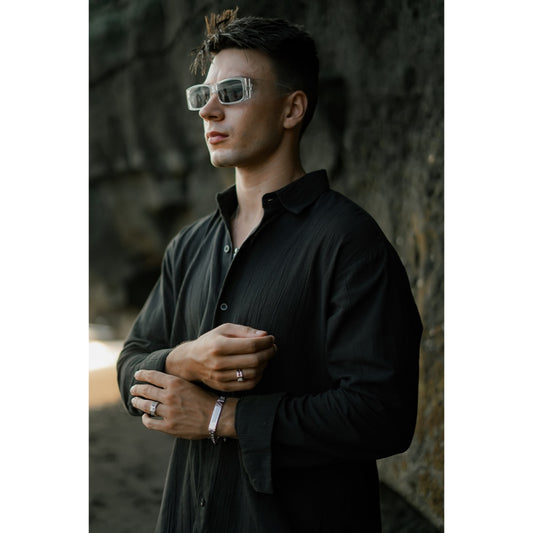 BEACHWELL Kemeja Pria Lengan Panjang Linen Krinkel Hitam Black - Kemeja Luca Series Hitam Black