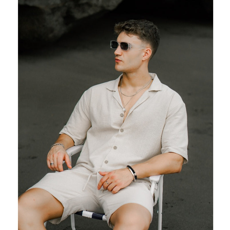 BEACHWELL Kemeja Pria Linen Lengan Pendek Model Oversized SAKALA Series Warna Cream Natural