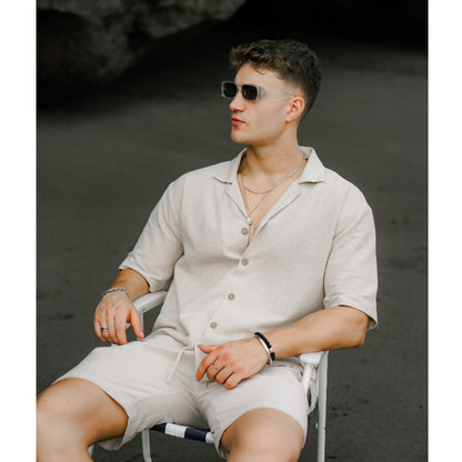 BEACHWELL Kemeja Pria Linen Lengan Pendek Model Oversized SAKALA Series Warna Cream Natural