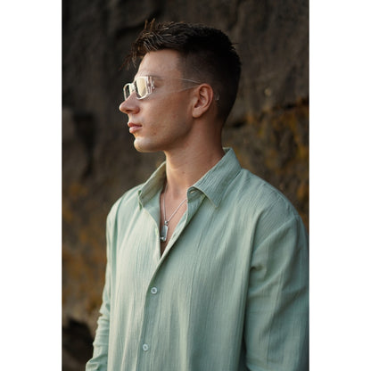 BEACHWELL Kemeja Pria Lengan Panjang Linen Krinkel Hijau Sage - Kemeja Luca Series Green Sage